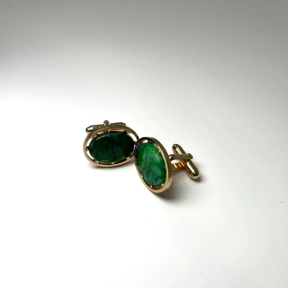 Vintage Gold Tone Green Marbled Semi Precious Oval‎ Cufflinks Mid Century Modern